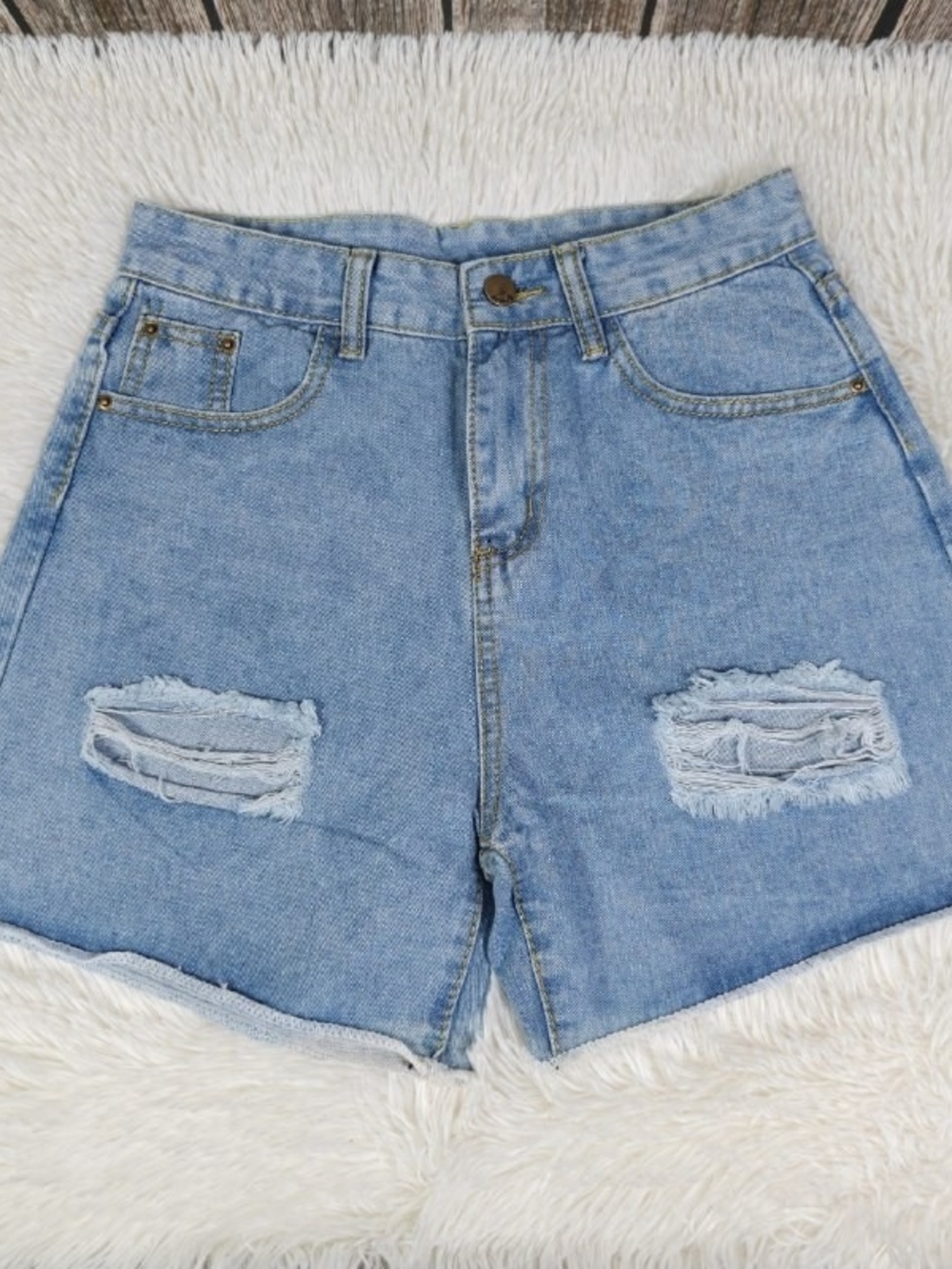 Classic High-Waist Distressed Denim Shorts - Light Blue